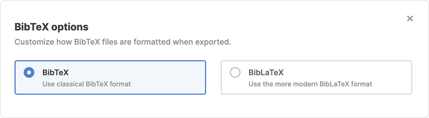 The top of the BibTeX options panel with “BibTeX — Use classical BibTeX format” selected over “BibLaTeX — Use the more modern BibLaTeX format”.